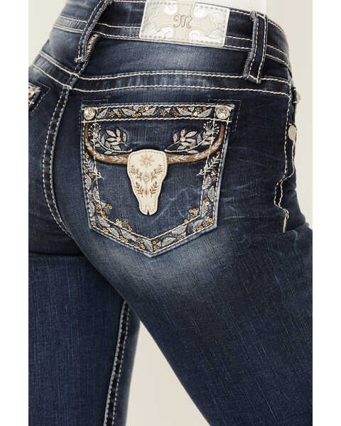 Image #2 - Miss Me Women's Dark Wash Mid Rise Floral Longhorn Pocket Bootcut Stretch Denim Jeans, Dark Wash, hi-res