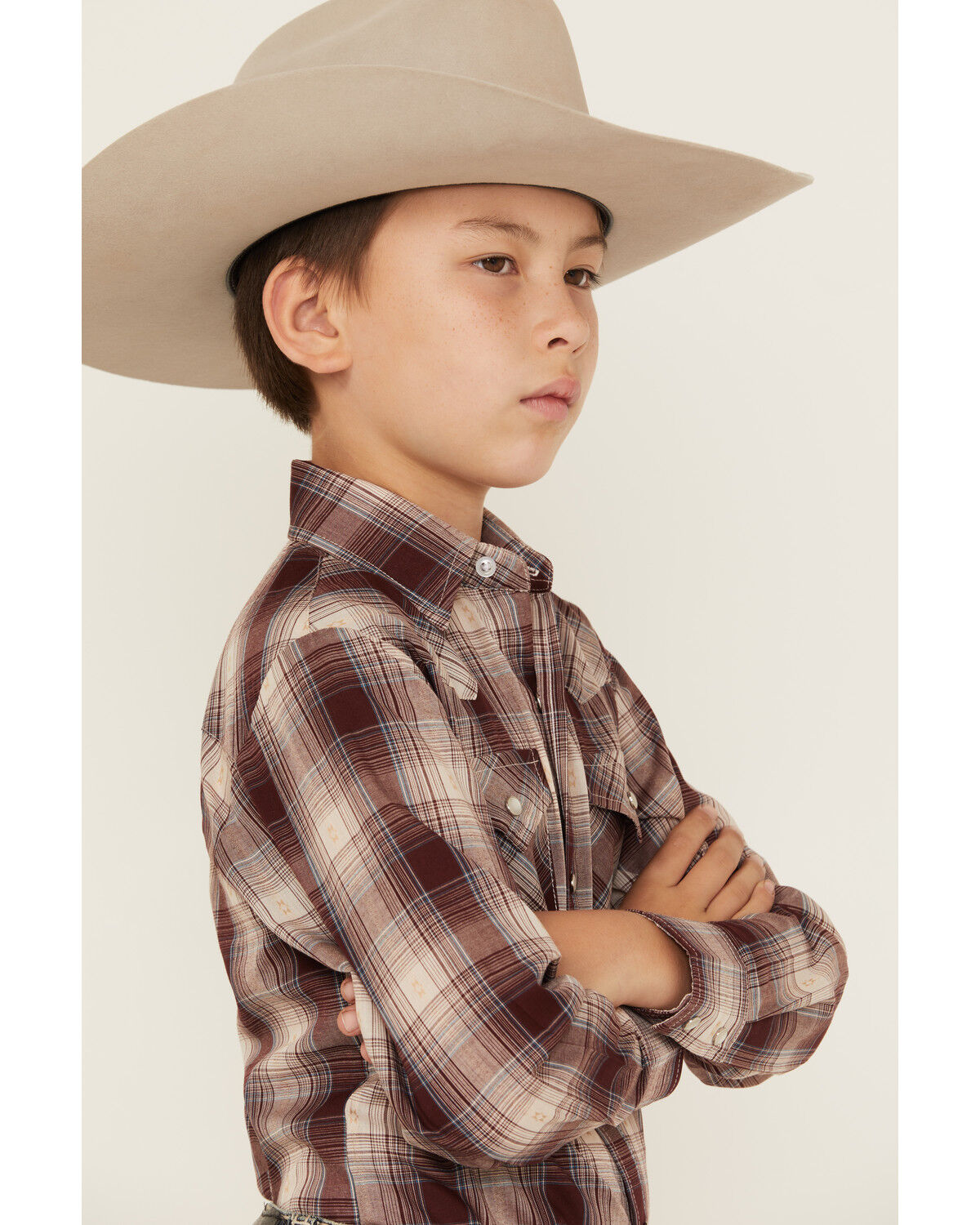 Image #2 - Ely Walker Boys' Plaid Print Long Sleeve Pearl Snap Western Shirt, Burgundy, hi-res