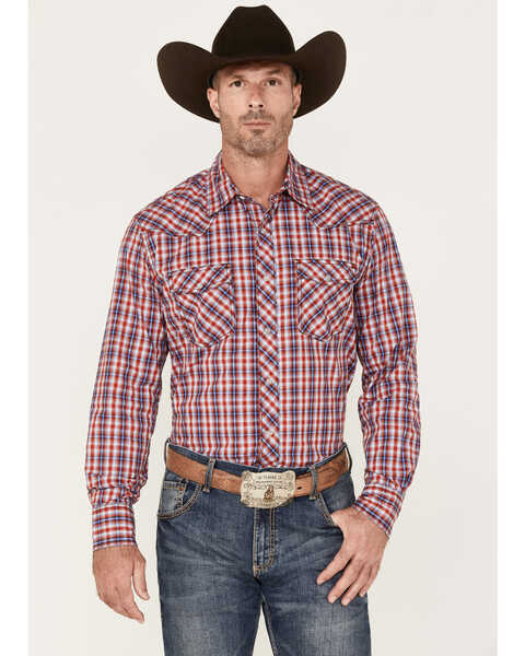 Image #1 - Wrangler 20X Men's Plaid Print Competition Advanced Comfort Long Sleeve Pearl Snap Western Shirt, Red, hi-res