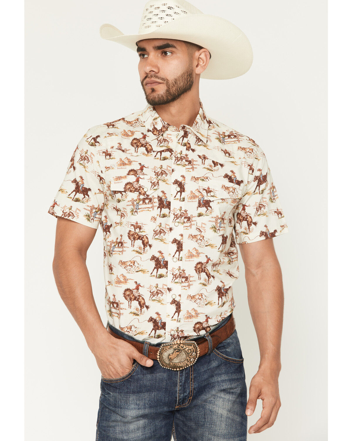 Image #1 - Pendleton Men's Laramie Wild Horse Print Short Sleeve Snap Western Shirt, Cream, hi-res