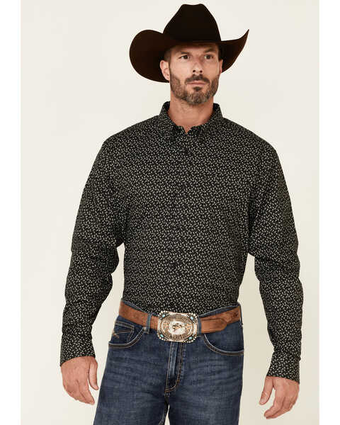 Cody James Core Men's Bovine Floral Print Long Sleeve Button Down Western Shirt , Black, hi-res