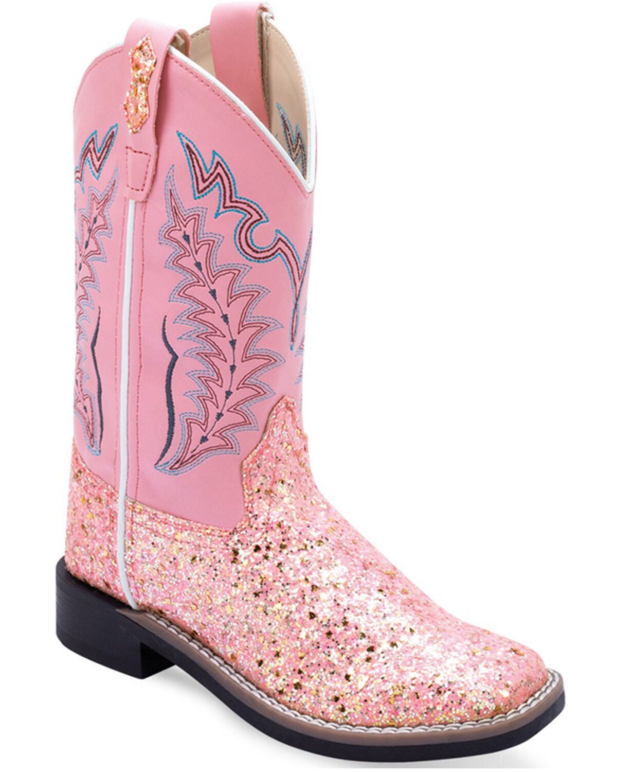 Old West Girls' Fancy Stitch Western Boots - Broad Square Toe, Pink, hi-res