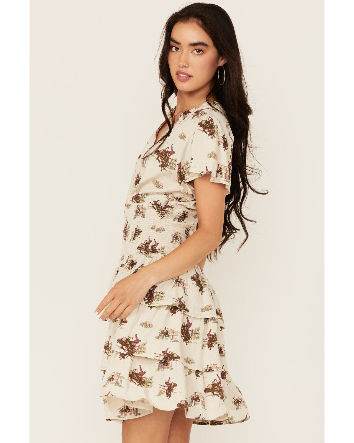Image #2 - Ariat Women's Stellar Conversational Print Tiered Short Sleeve Mini Dress, Sand, hi-res