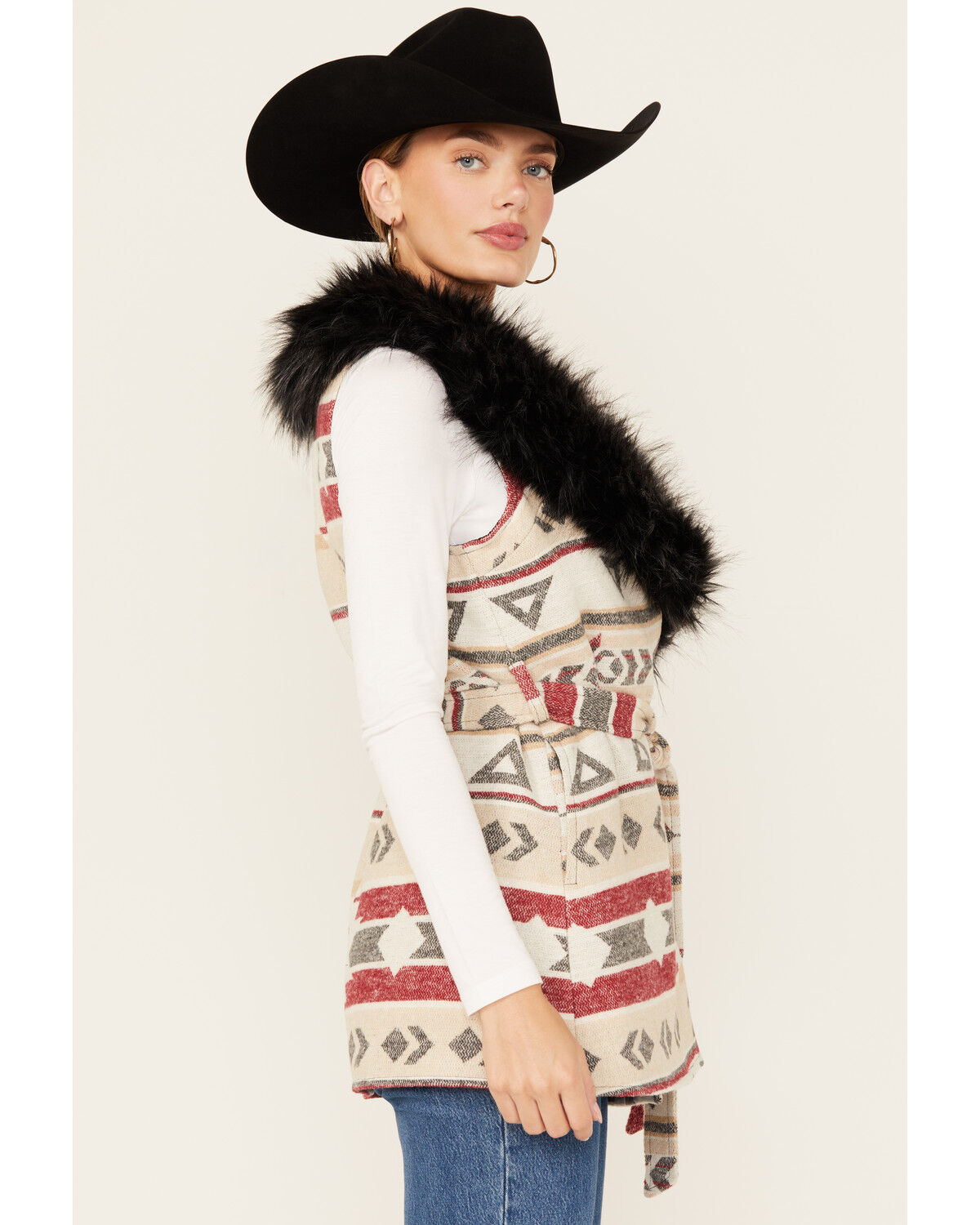 Image #2 - Cripple Creek Women's Southwestern Print Fur Collar Wrap Vest, Cream, hi-res