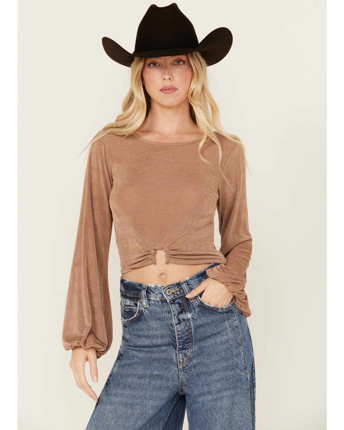 Image #1 - Rock & Roll Denim Women's Metal Ring Long Sleeve Cropped Top, Tan, hi-res