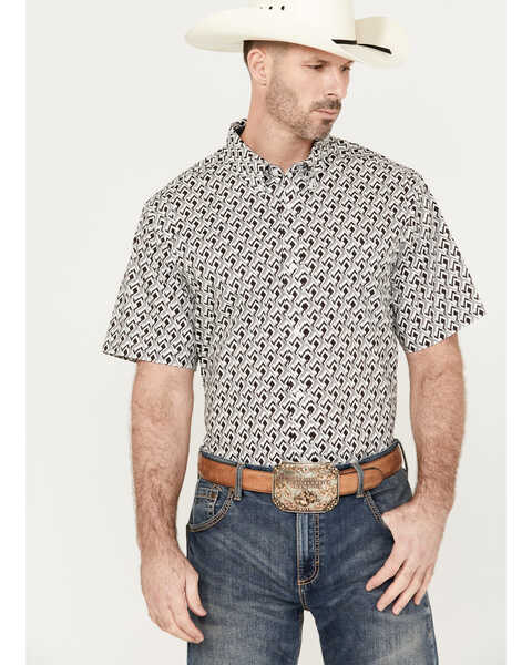 RANK 45® Men's West Trellis Geo Print Short Sleeve Button-Down Shirt, Brown, hi-res