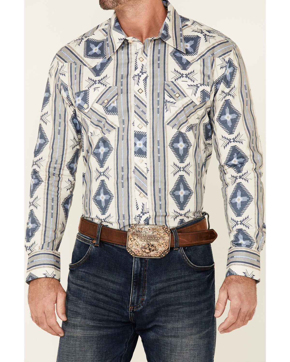 Image #3 - Rock & Roll Denim Men's Navy Southwestern Print Long Sleeve Snap Western Shirt, Navy, hi-res