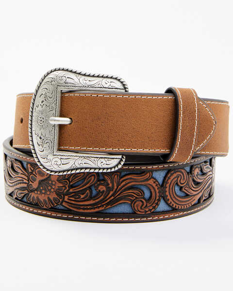 Image #1 - Cody James Men's Floral Tooled Contrast Belt, Brown, hi-res