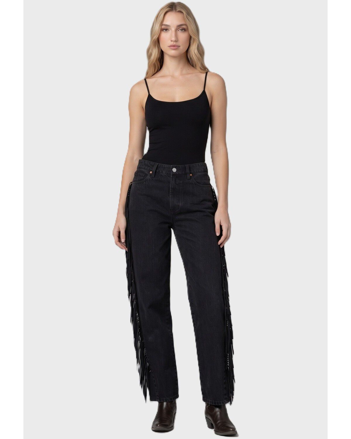 BLANKNYC Women's Mid Rise Fringe Straight Denim Jeans, Black, hi-res