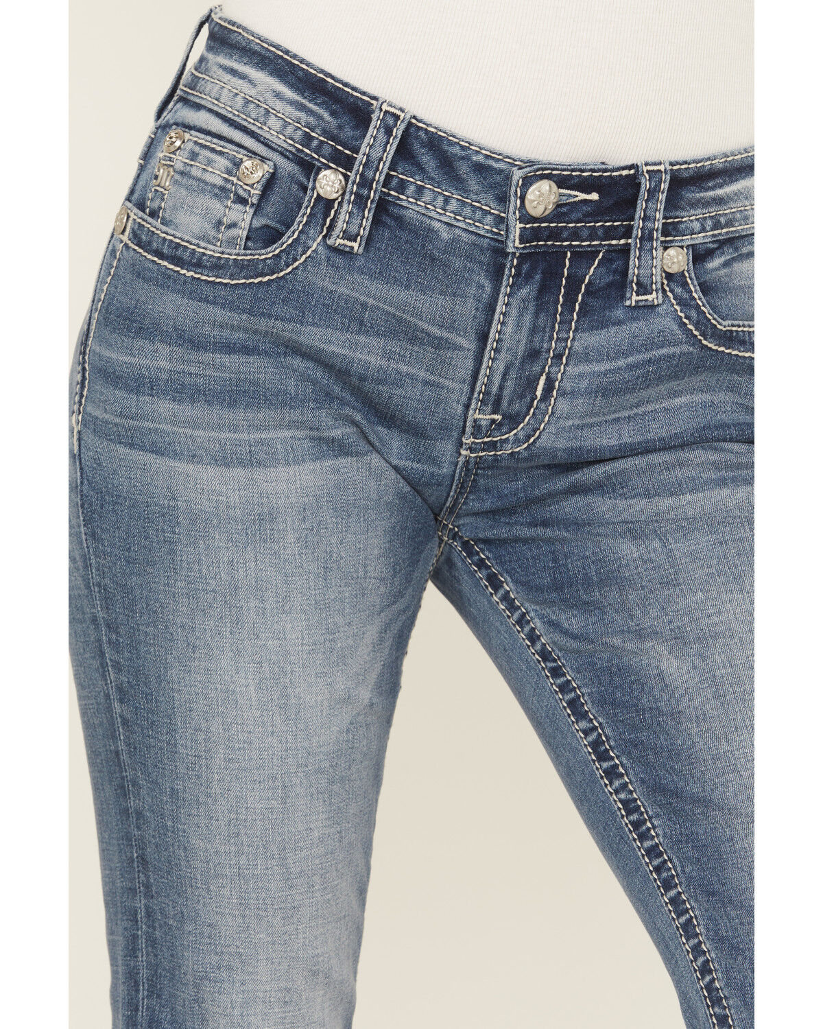 Image #4 - Miss Me Women's Dark Wash Mid Rise Bootcut Patchwork Flap Stretch Denim Jeans, Dark Wash, hi-res