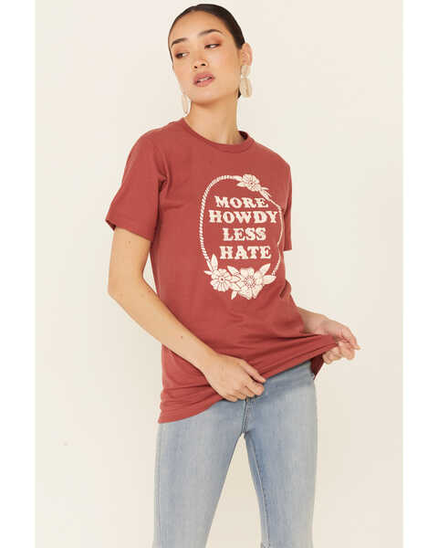 Ali Dee Women's More Howdy Less Hate Graphic Short Sleeve Tee , Rust Copper, hi-res