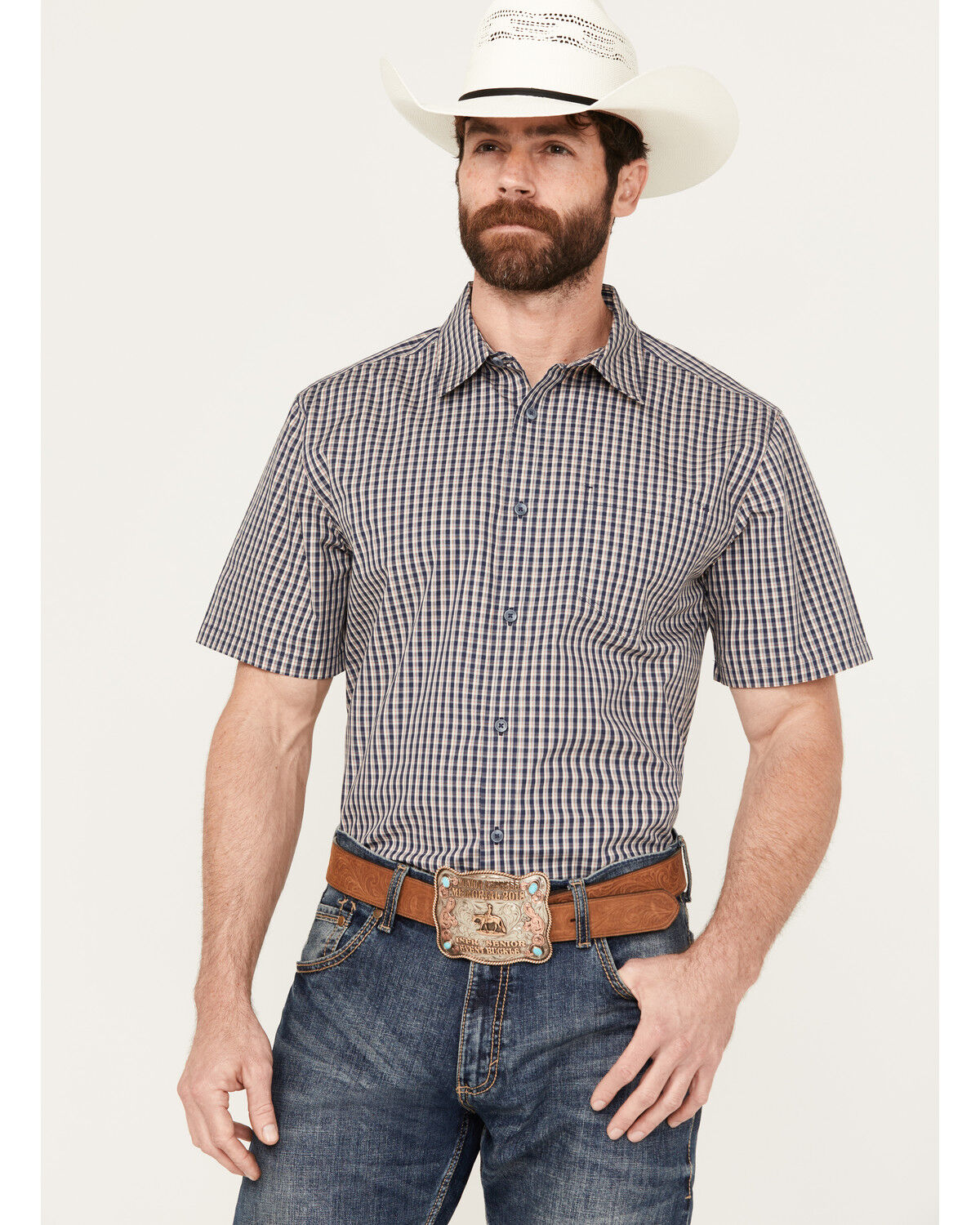 Image #1 - Gibson Men's Tempe Small Plaid Print Short Sleeve Button-Down Western Shirt, Navy, hi-res