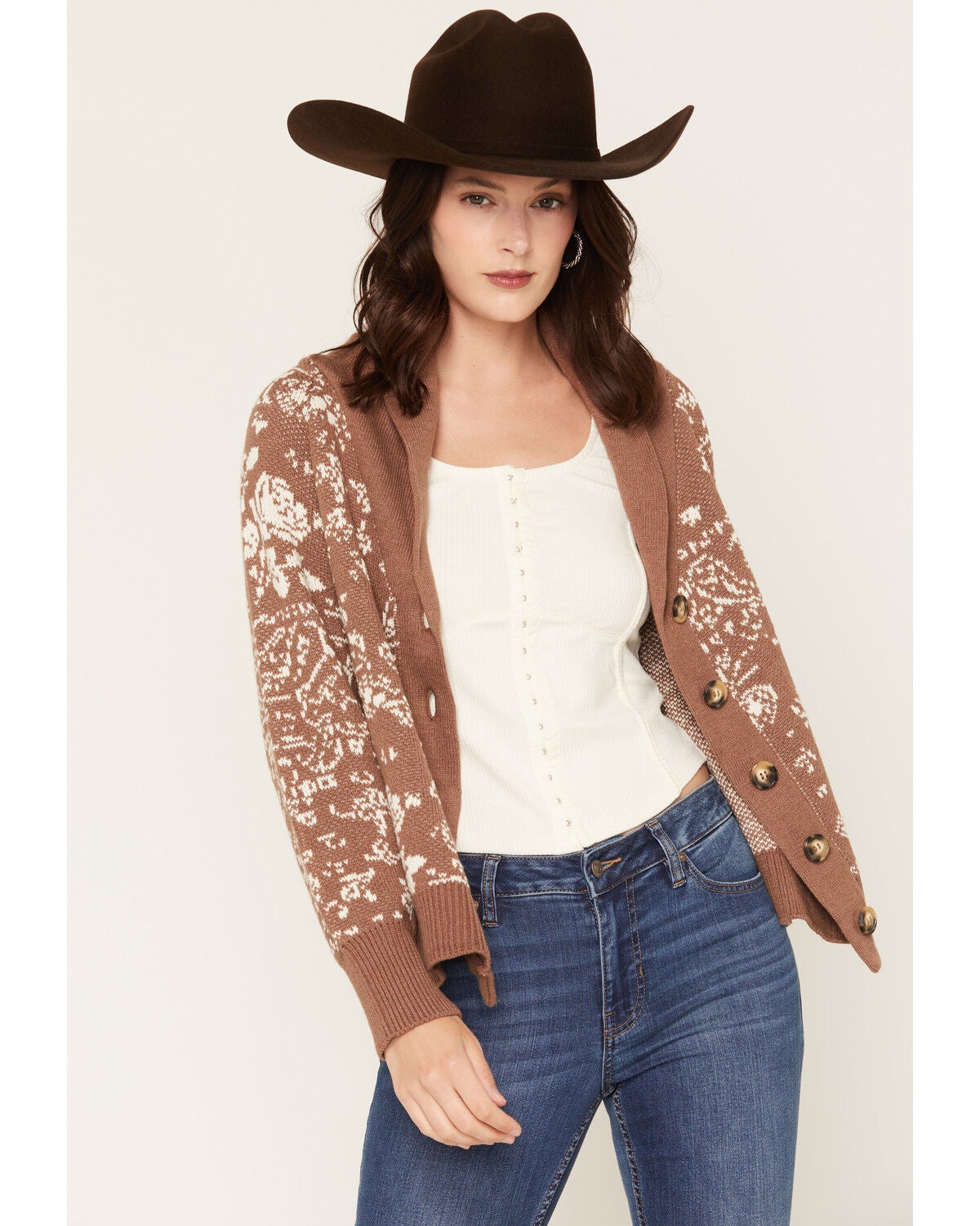 Image #1 - Originality Women's Bandana Print Cardigan, Brown, hi-res