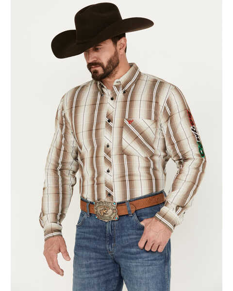 Image #1 - Cowboy Hardware Men's Mexico Gradient Plaid Print Long Sleeve Button Down Western Shirt , Brown, hi-res