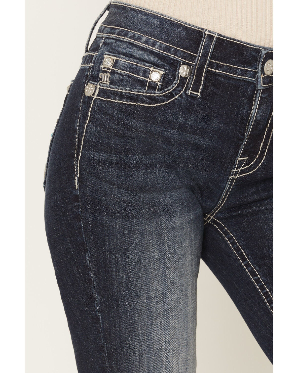 Image #4 - Miss Me Women's Medium Wash Mid Rise Fleur De Lis 32" Bootcut Stretch Denim Jeans, Medium Wash, hi-res