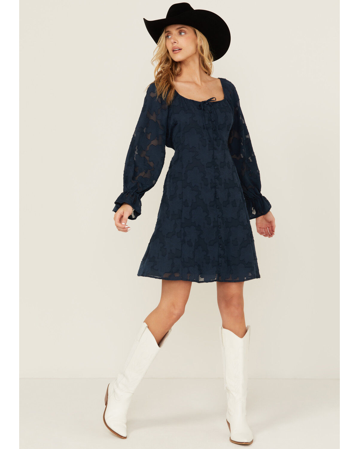 Image #1 - Shyanne Women's Floral Print Long Sleeve Button-Down Mini Dress, Navy, hi-res