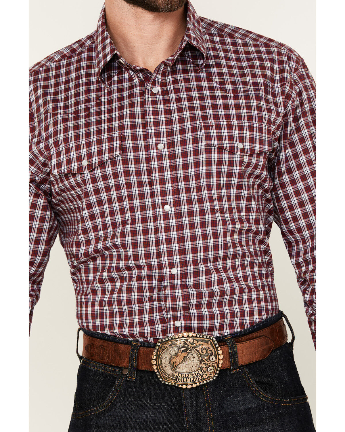 Image #3 - Wrangler Men's Wrinkle Resistant Plaid Print Long Sleeve Snap Stretch Western Shirt, Dark Red, hi-res