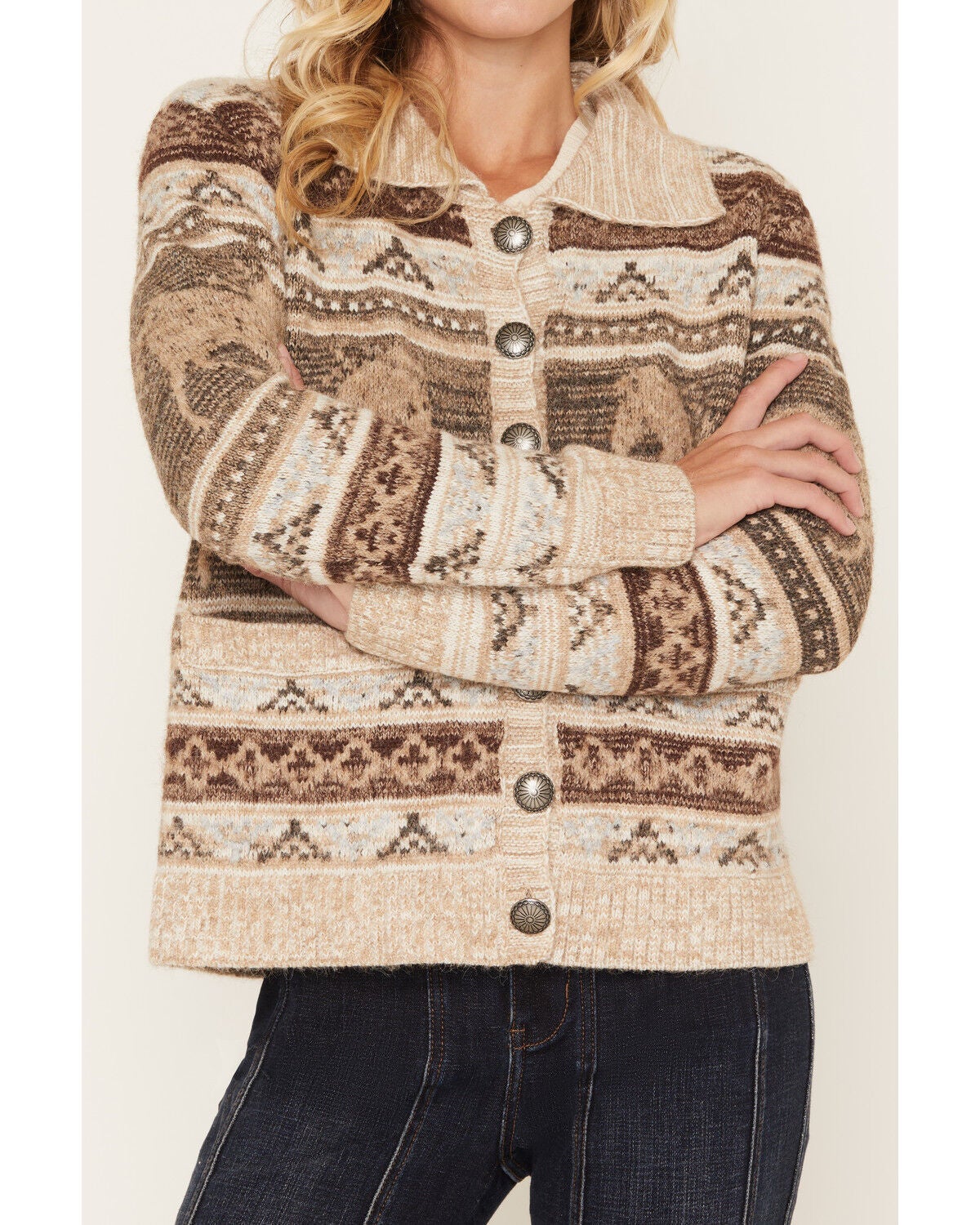 Image #3 - Cotton & Rye Women's Heathered Horse Cardigan, Tan, hi-res