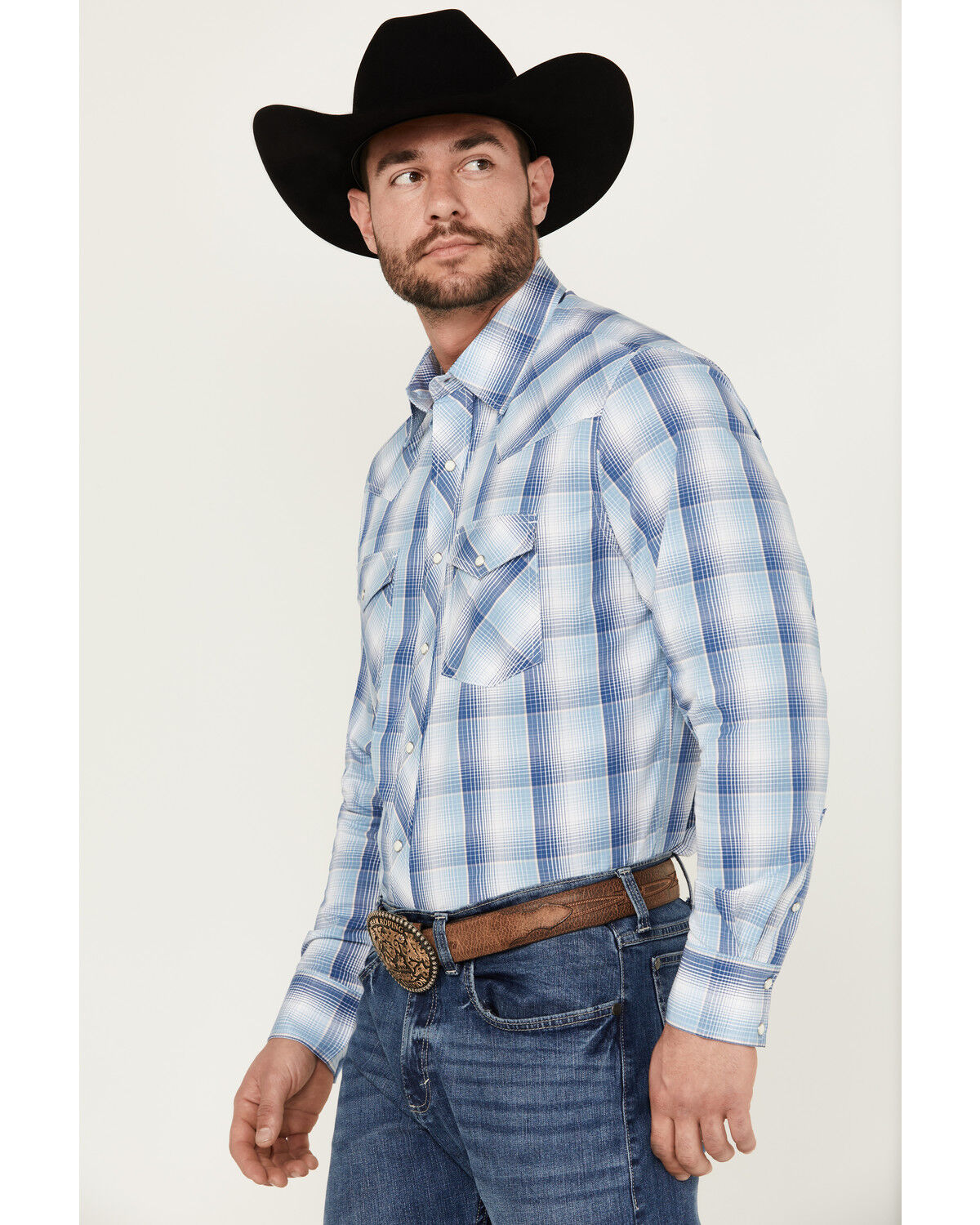Image #2 - Wrangler 20X Men's Advanced Comfort Plaid Print Long Sleeve Snap Stretch Western Shirt, Blue, hi-res