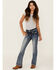 Image #3 - Grace in LA Girls' Medium Wash Paisley Embroidered Faux Flap Pocket Bootcut Stretch Denim Jeans, Medium Wash, hi-res