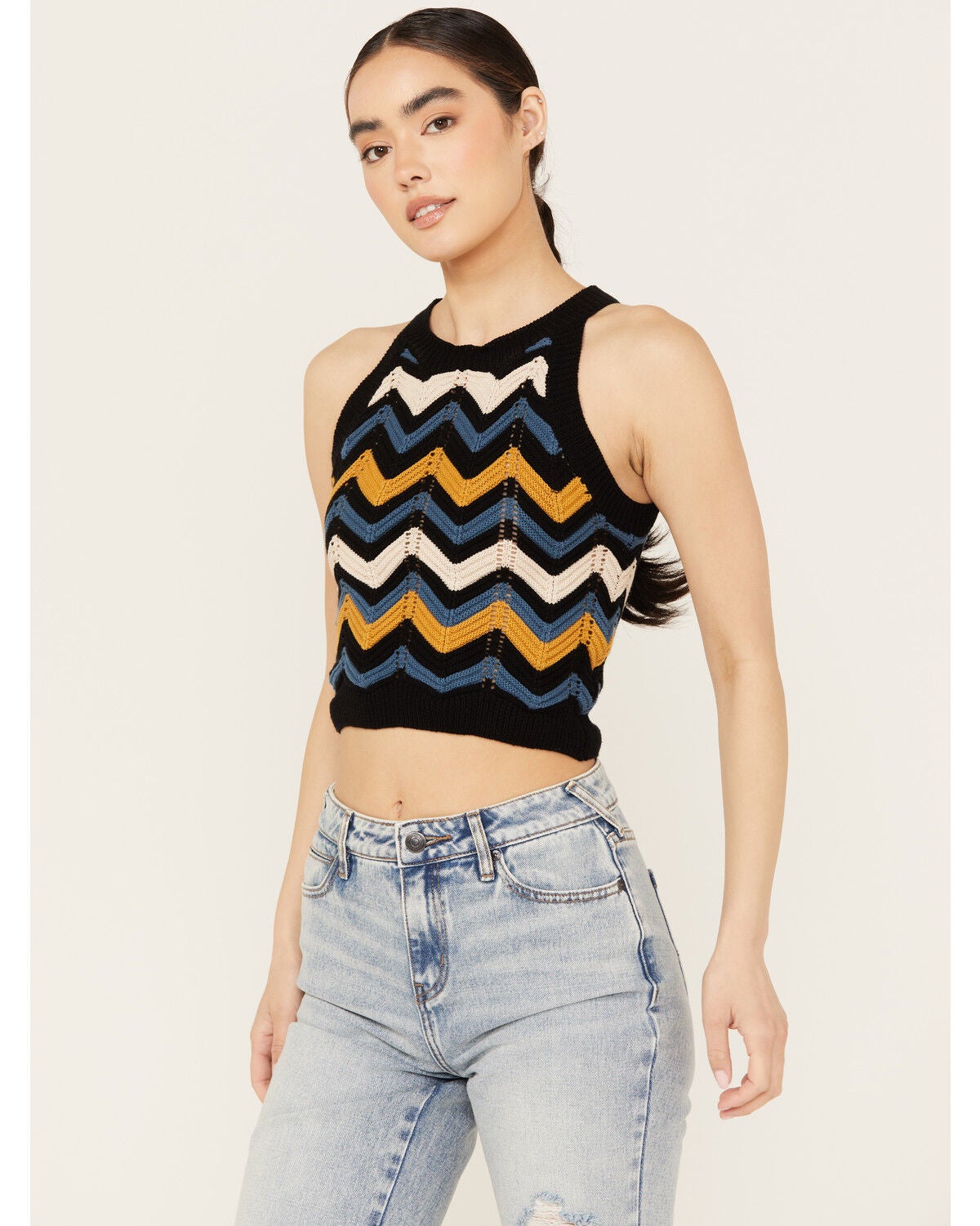 Revel Women's Zig Zag Sleeveless Sweater Tank, Black, hi-res