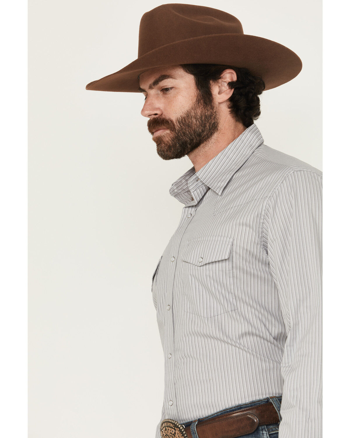 Image #2 - Wrangler Men's Wrinkle Resistant Striped Long Sleeve Snap Stretch Western Shirt, Grey, hi-res