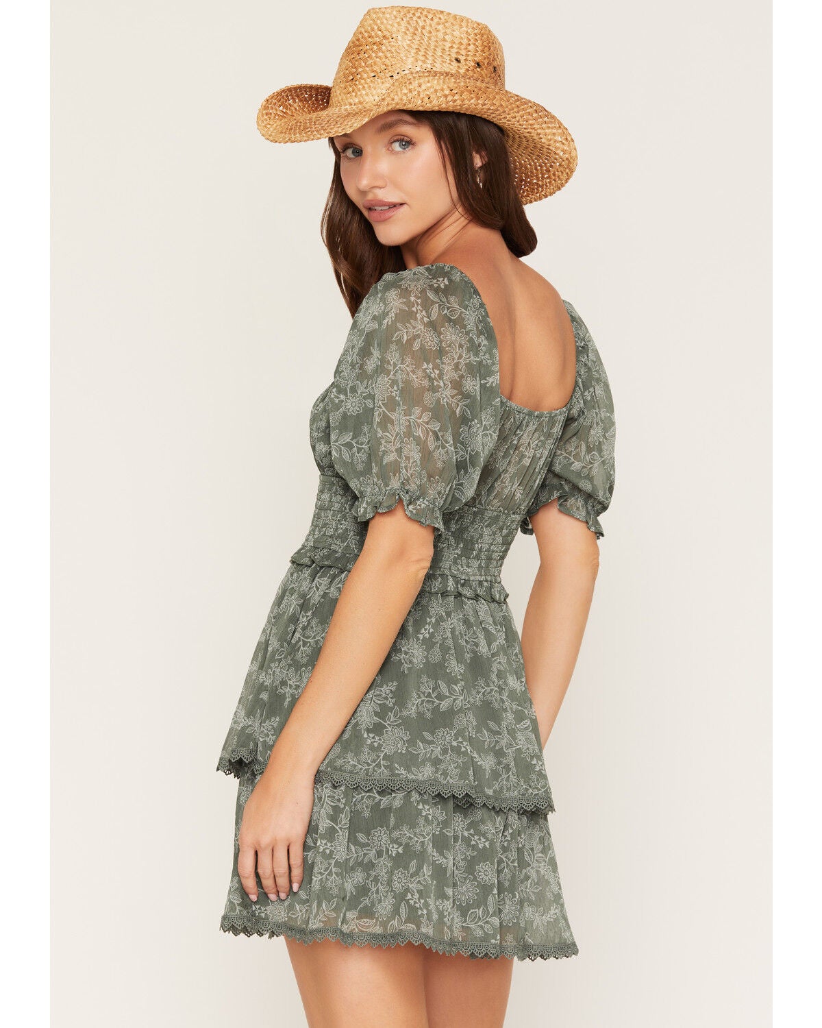 Image #4 - Trixxi Women's Floral Print Smocked Waist Tiered Mini Dress, Green, hi-res