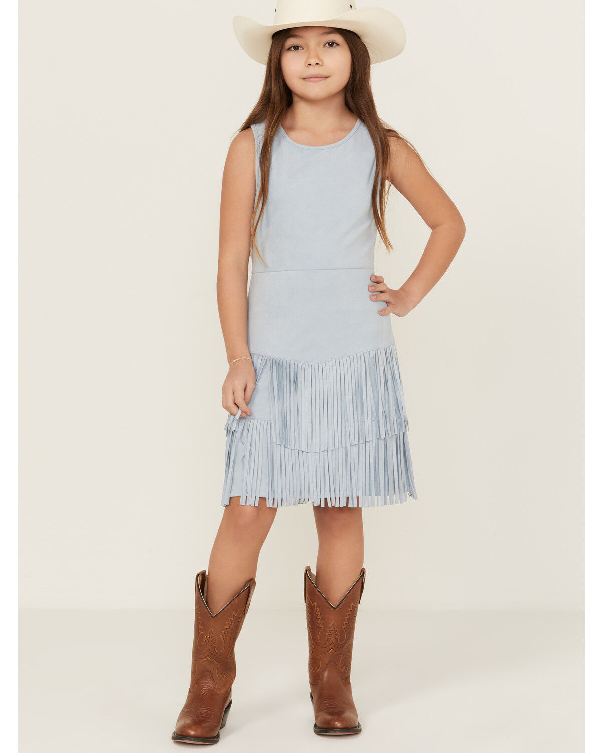 Image #1 - Shyanne Girls' Suede Fringe Mini Dress, Blue, hi-res