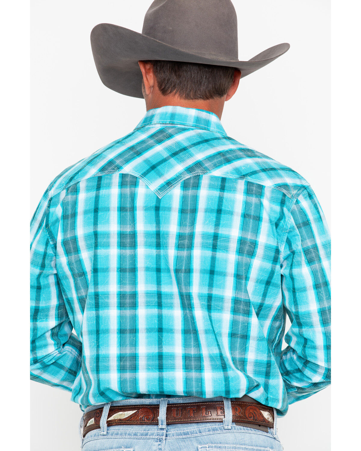 Image #7 - Rock & Roll Denim Men's Poplin Plaid Print Snap Long Sleeve Western Shirt, Blue, hi-res