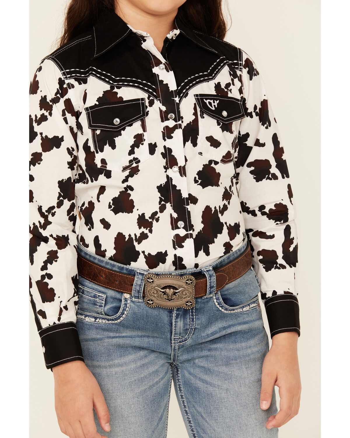 Image #3 - Cowgirl Hardware Girls' Moody Cow Print Long Sleeve Snap Western Shirt, Black, hi-res