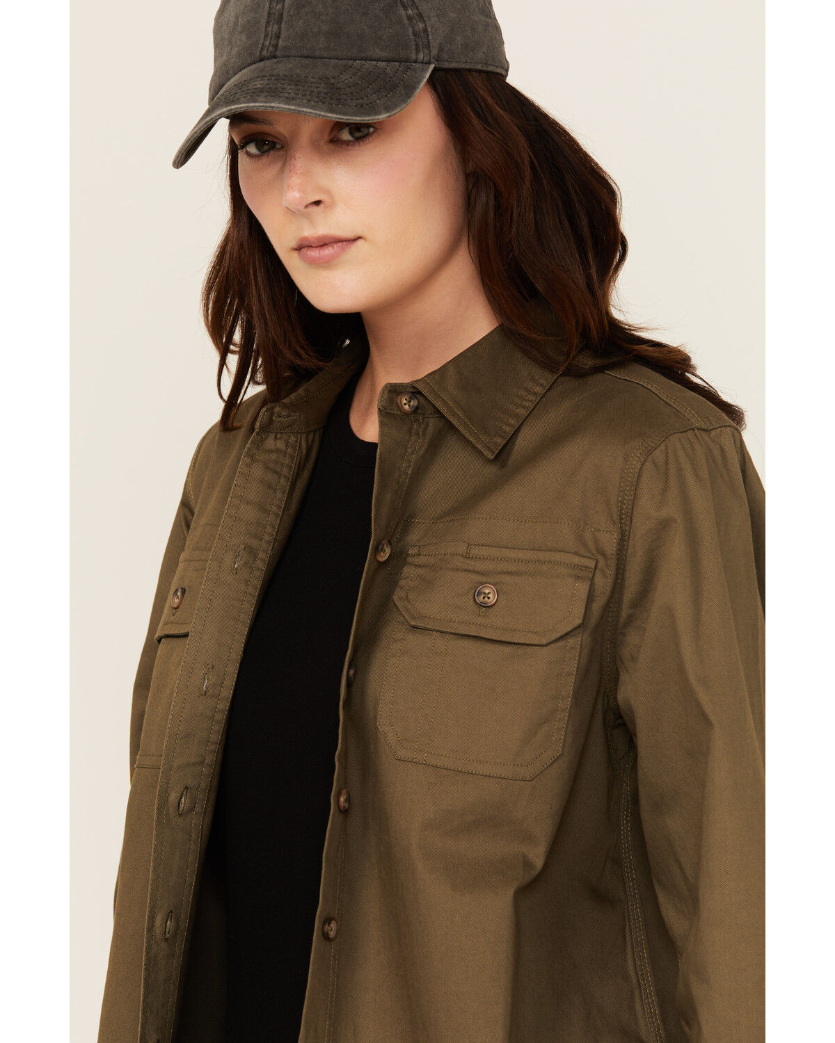 Image #2 - Lucky Brand Workwear Women's Solid Twill Long Sleeve Button-Down Stretch Work Shirt, Olive, hi-res