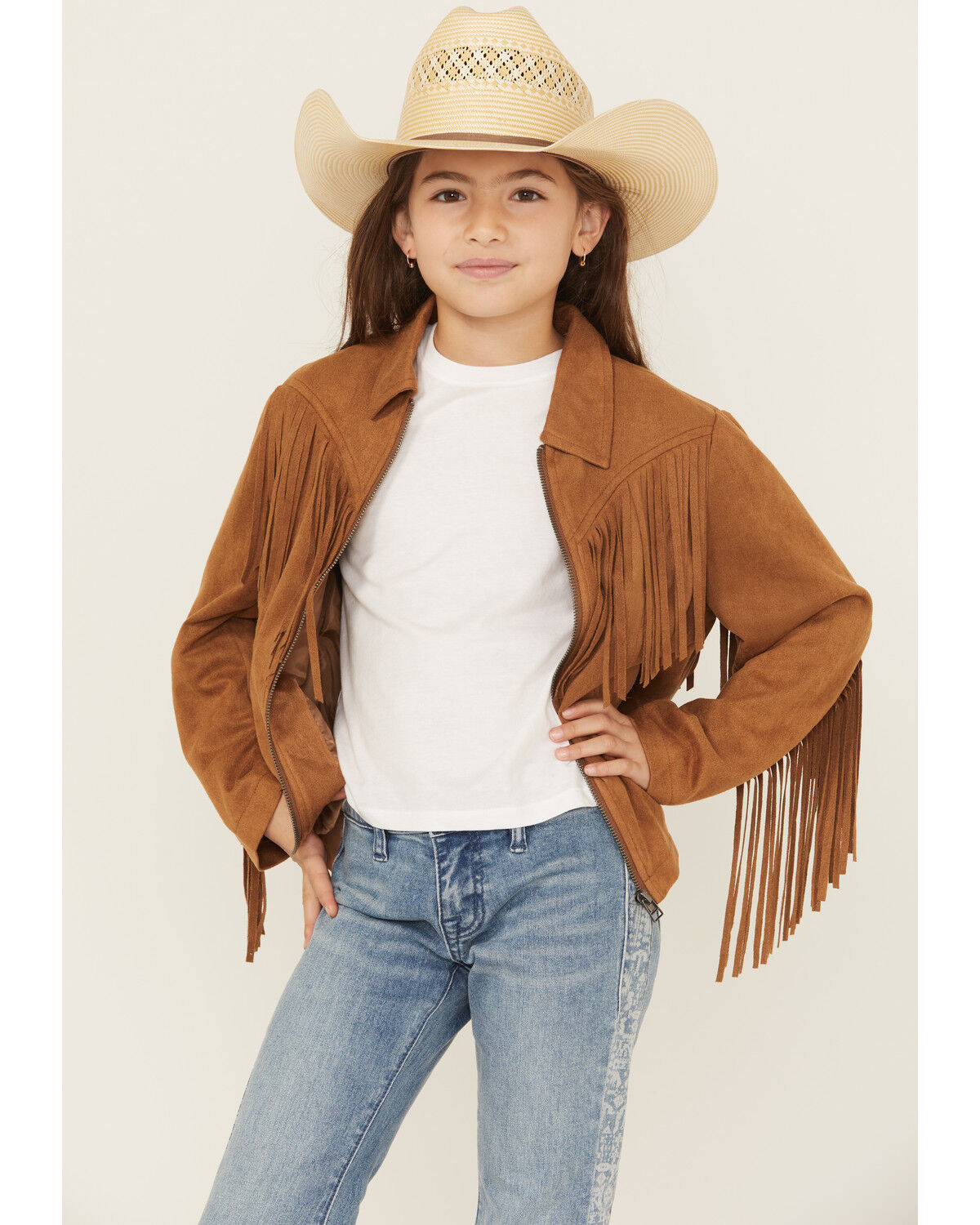 Image #1 - Fornia Girls' Solid Fringe Faux Suede Zip-Up Jacket, Camel, hi-res