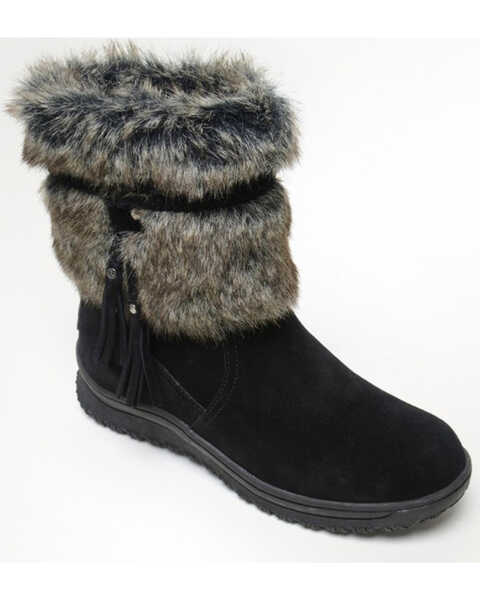 Image #1 - Minnetonka Women's Everett Suede Fur Boots - Round Toe, Black, hi-res