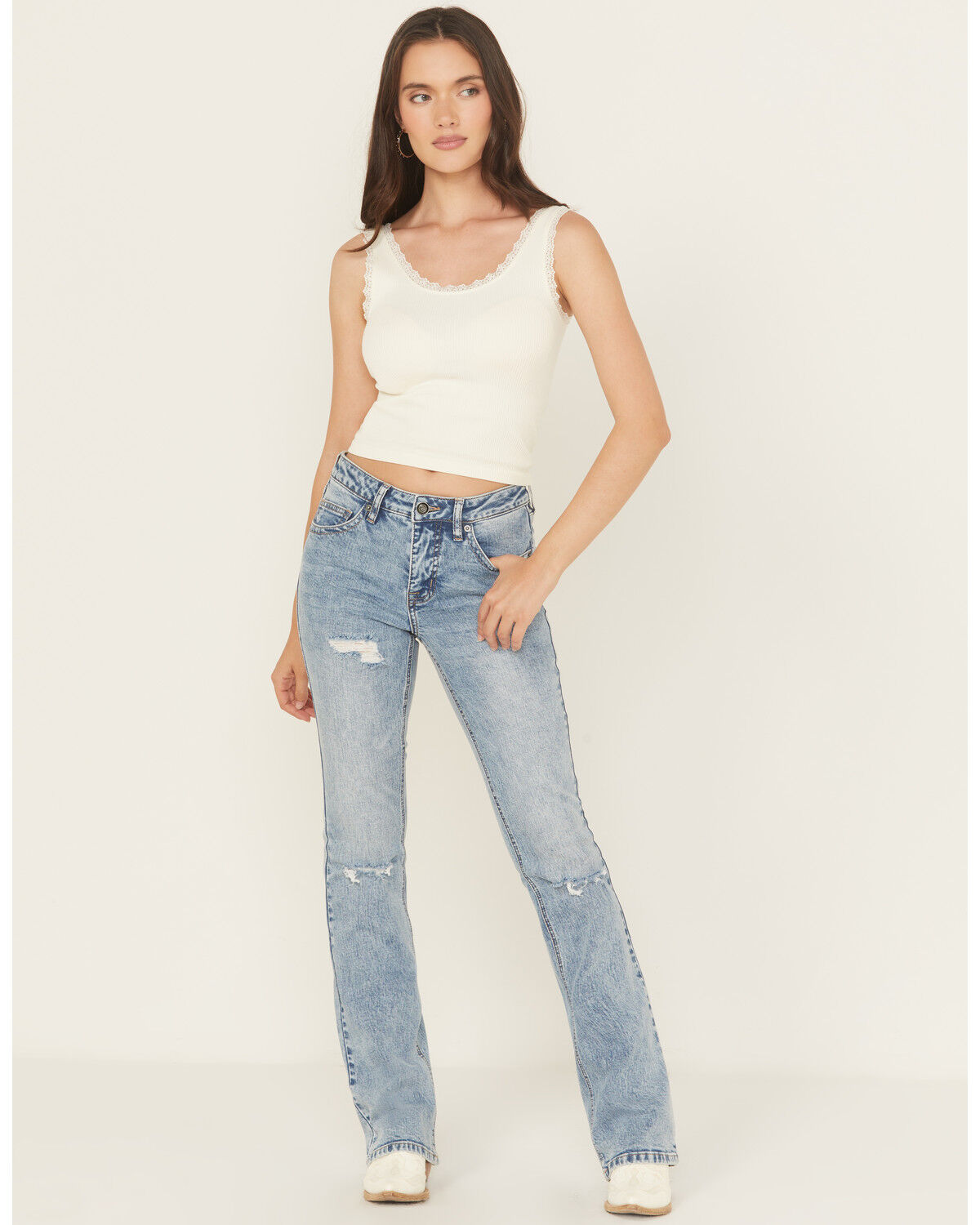 Image #3 - Rock & Roll Denim Women's Medium Wash Mid Rise Distressed Bootcut Stretch Denim Jeans, Medium Wash, hi-res
