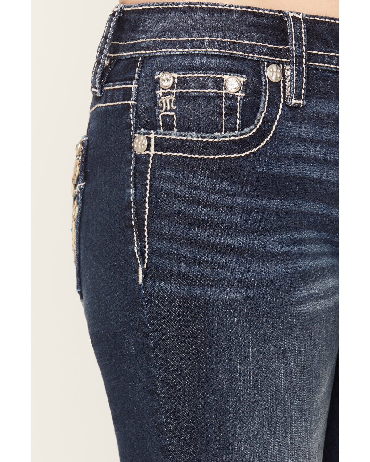 Image #4 - Miss Me Women's Dark Wash Mid Rise Winged Pocket 32" Bootcut Stretch Denim Jeans, Dark Wash, hi-res