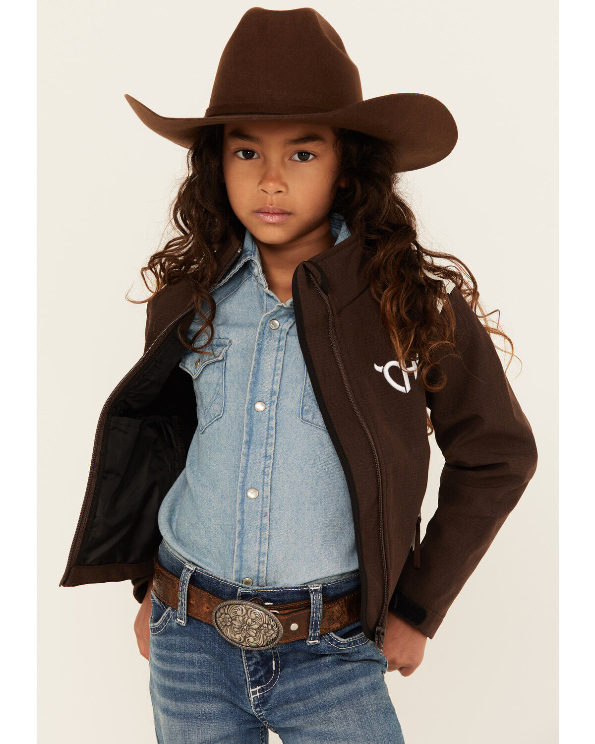 Image #1 - Cowgirl Hardware Girls Cow Print Softshell Jacket, Chocolate, hi-res