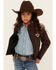 Image #1 - Cowgirl Hardware Girls Cow Print Softshell Jacket, Chocolate, hi-res