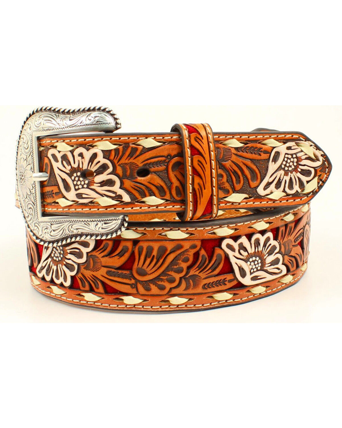 Image #1 - Nocona Men's Inlay Floral Embossed Western Belt, Red, hi-res
