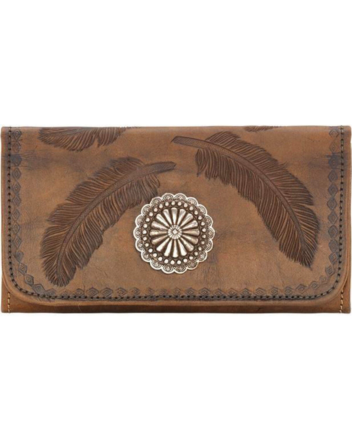 American West Women's Brown Tri-Fold Sacred Bird Feather Wallet, Distressed Brown, hi-res
