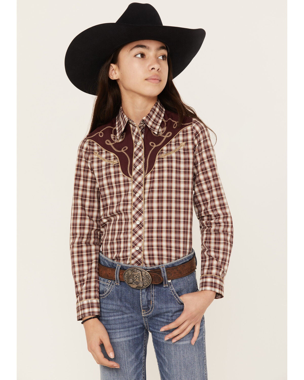 Roper Girls' Plaid Print Long Sleeve Pearl Snap Western Shirt, White, hi-res