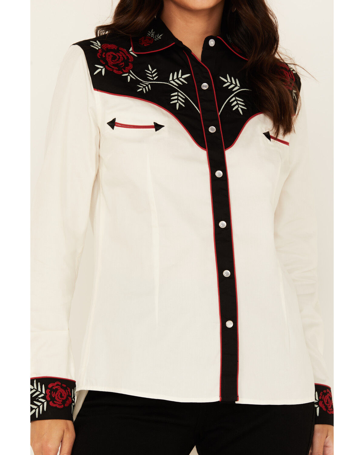 Image #3 - Panhandle Women's Retro Floral Embroidered Long Sleeve Snap Western Shirt, Cream, hi-res