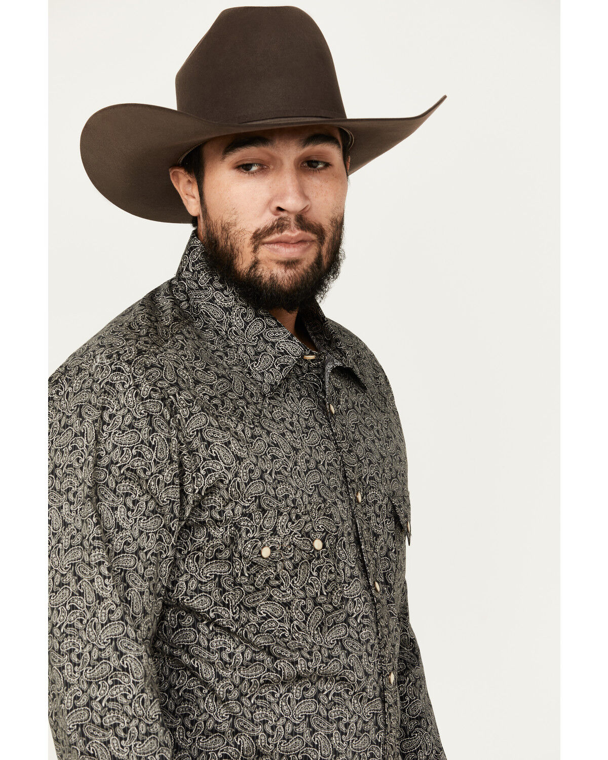 Image #2 - Rock & Roll Denim Men's Paisley Pinstripe Print Long Sleeve Snap Stretch Western Shirt, Black, hi-res