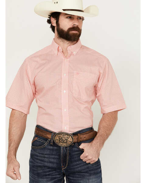 Ariat Men's Junior Micro Geo Print Short Sleeve Button-Down Western Shirt , Coral, hi-res