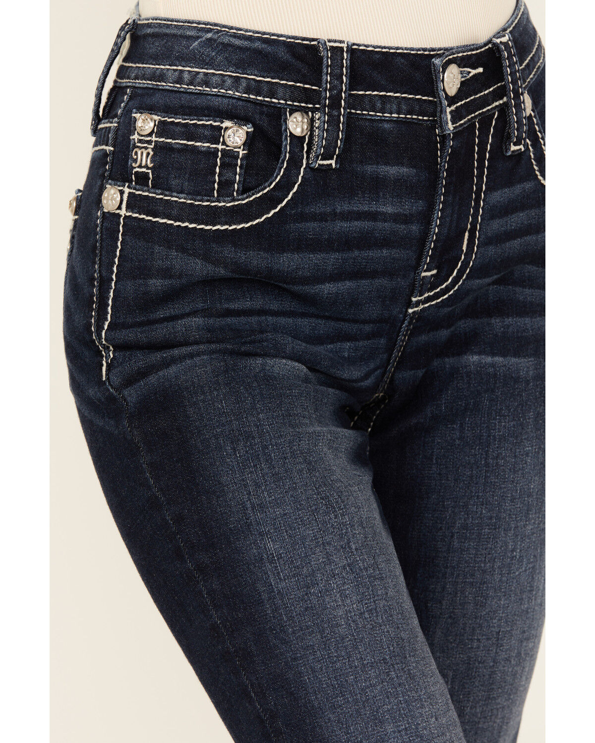Image #4 - Miss Me Women's Dark Wash Mid Rise Dream Catcher Pocket Bootcut Stretch Denim Jeans, Dark Wash, hi-res