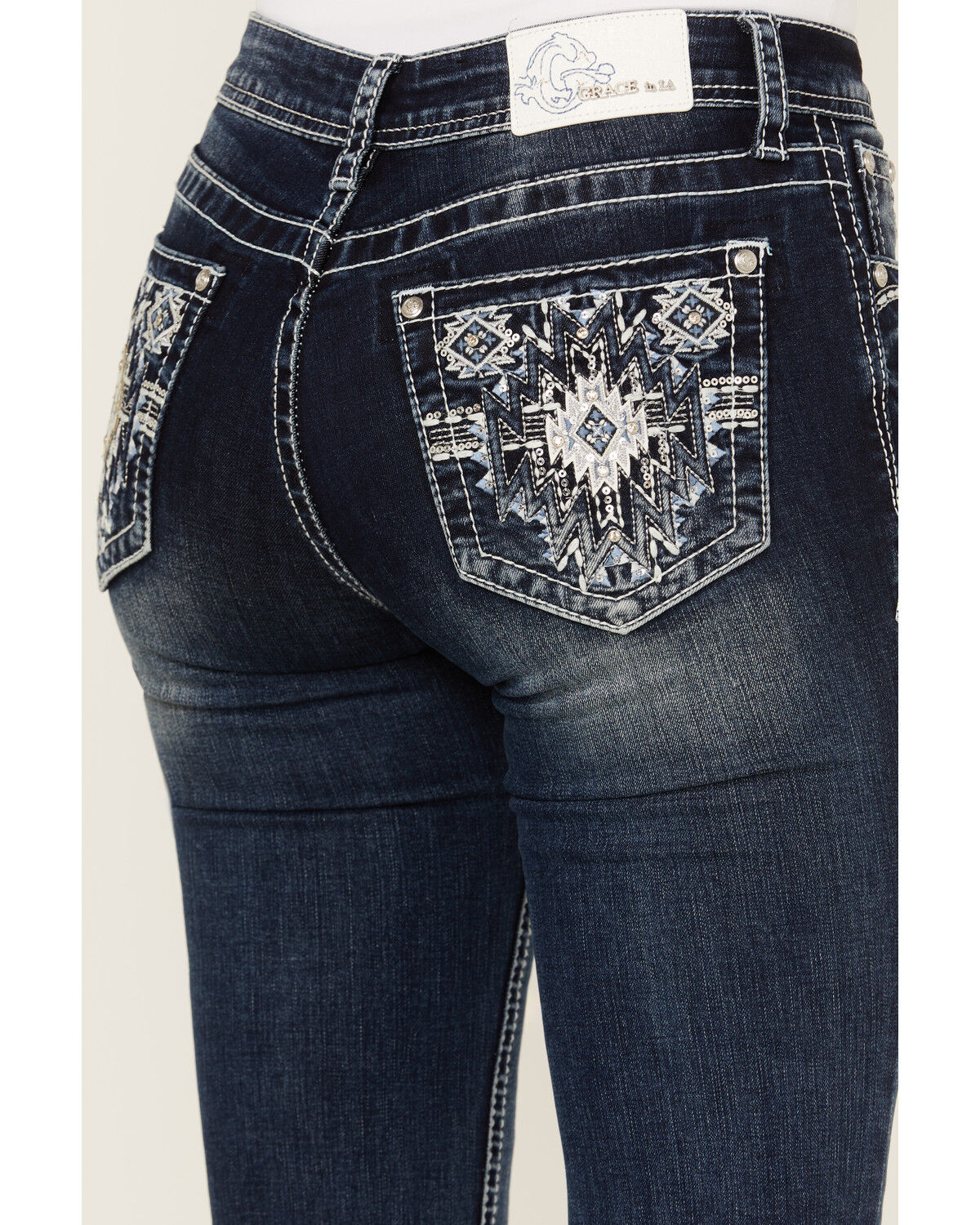 Image #2 - Grace In LA Women's Dark Wash Sequin Pocket Mid Rise Bootcut Stretch Denim Jeans, Dark Wash, hi-res