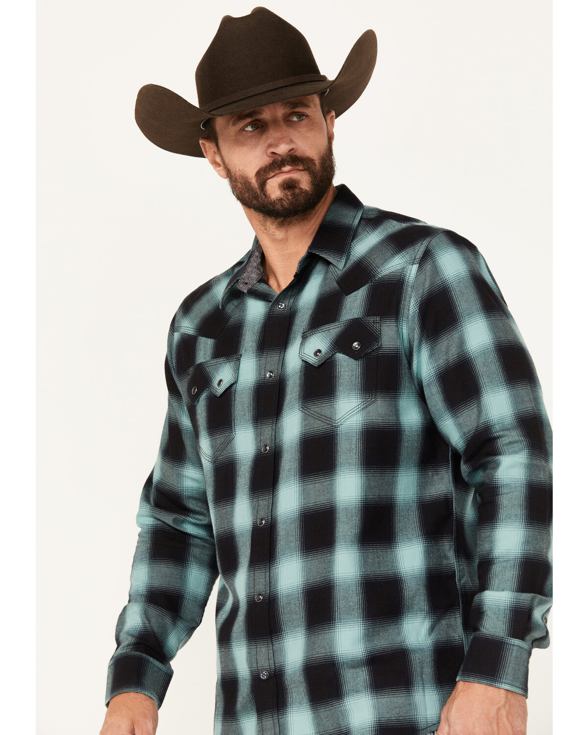 Image #2 - Moonshine Spirit Men's Ombre Plaid Print Long Sleeve Snap Western Shirt, Blue, hi-res