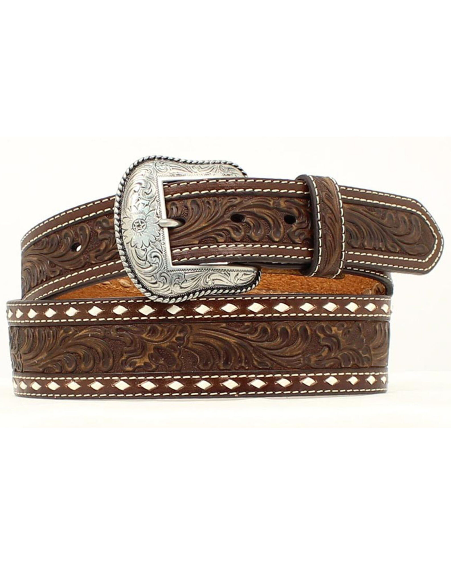 Nocona Western Belt Mens Wrap Lacing Floral Tooled Brown N210006502