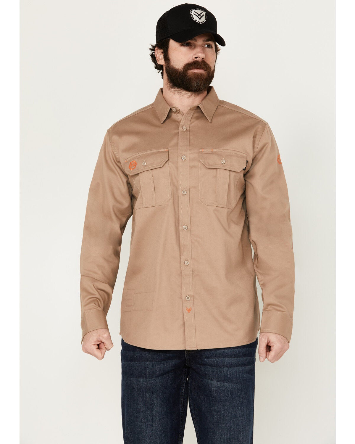 Hawx Men's FR Woven Long Sleeve Button-Down Work Shirt, Beige, hi-res
