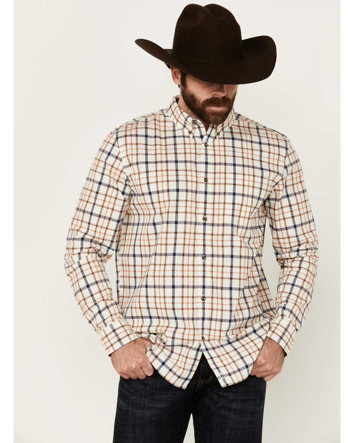 Image #1 - Brothers and Sons Men's Alva Plaid Print Long Sleeve Button-Down Western Shirt, White, hi-res