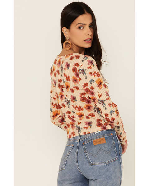 Image #3 - Wild Moss Women's Rust Long Sleeve Floral Button Cinch Front Knit Top , Rust Copper, hi-res